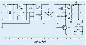 圖2：進行過電磁兼容設計后的反激式開關電源電氣原理圖。