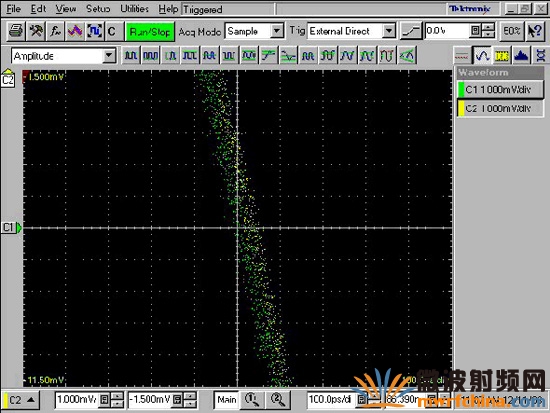 手動(dòng)校正 TClk 同步化的 NI PXI-5421 任意波形發(fā)生器 10 MHz 方波負(fù)緣放大圖──偏斜大約是 20 ps
