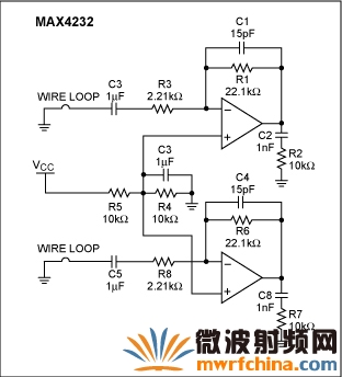 MAX4232雙運(yùn)放的RF噪聲抑制能力測試電路