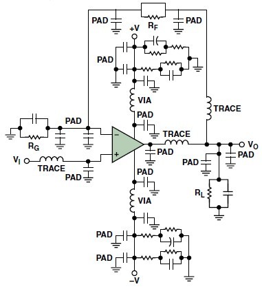 典型的運算放大器電路，（a）原設計圖，（b）考慮寄生效應后的圖
