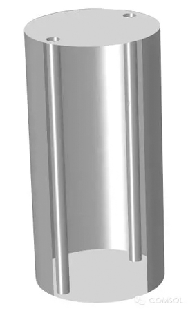 COMSOL Multiphysics 仿真中所用的CAD 幾何。其中顯示了圓柱形微波諧振腔和兩個金屬調諧桿